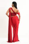 Aurouss_Red Spandex, Tulle Beads Asymmetric Pre-draped Saree With Blouse _Online_at_Aza_Fashions