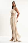 Shop_Aurouss_Gold Satin, Tulle Beads Sweetheart Neck Champagne Draped Dress _Online_at_Aza_Fashions