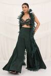 Shop_Aurouss_Emerald Green Silk, Organza, Crepe Embroidery, Beads Ruffled Cape And Palazzo Set 