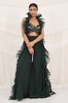 Aurouss_Emerald Green Silk, Organza, Crepe Embroidery, Beads Ruffled Cape And Palazzo Set _Online