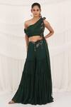 Shop_Aurouss_Emerald Green Georgette Embroidery One Shoulder Palazzo And Drape Top Set _Online_at_Aza_Fashions
