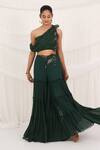 Aurouss_Emerald Green Georgette Embroidery One Shoulder Palazzo And Drape Top Set _Online
