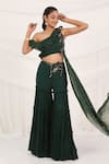 Buy_Aurouss_Emerald Green Georgette Embroidery One Shoulder Palazzo And Drape Top Set _at_Aza_Fashions
