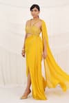 Shop_Aurouss_Yellow Georgette, Tulle Sequins, Embroidery V-neck Sunroot Pre-draped Saree Set _Online_at_Aza_Fashions