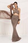 Buy_Aurouss_Brown Organza Sequins, Embroidery Halter Dusty Cocoa Embellished Lehenga Set _Online_at_Aza_Fashions