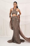 Shop_Aurouss_Brown Organza Sequins, Embroidery Halter Dusty Cocoa Embellished Lehenga Set _Online_at_Aza_Fashions