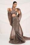 Aurouss_Brown Organza Sequins, Embroidery Halter Dusty Cocoa Embellished Lehenga Set _at_Aza_Fashions