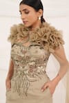 Aurouss_Beige Embroidery, Beads Sweetheart Neck Embellished Jumpsuit With Cape _at_Aza_Fashions