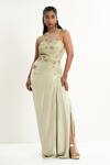 Buy_Aurouss_Green Twill, Mesh, Satin Embroidery, Beads Round Neck Draped Dress _at_Aza_Fashions