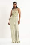 Buy_Aurouss_Green Twill, Mesh, Satin Embroidery, Beads Round Neck Draped Dress _Online_at_Aza_Fashions
