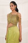 Shop_Aurouss_Green Satin, Tulle Beads Asymmetric Designer Draped Skirt And Padded Blouse Set _Online_at_Aza_Fashions