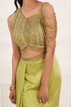 Aurouss_Green Satin, Tulle Beads Asymmetric Designer Draped Skirt And Padded Blouse Set _at_Aza_Fashions