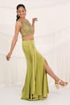 Buy_Aurouss_Green Satin, Tulle Beads Asymmetric Designer Draped Skirt And Padded Blouse Set 