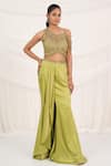 Buy_Aurouss_Green Satin, Tulle Beads Asymmetric Designer Draped Skirt And Padded Blouse Set _at_Aza_Fashions