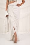 Aurouss_White Chiffon, Tulle, Mesh Beads, Pearls Round Neck Pre-draped Saree Set _at_Aza_Fashions