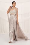 Shop_Aurouss_Silver Tulle, Mesh Pearls, Beads Round Neck Liquid Draped Skirt Set _Online_at_Aza_Fashions