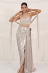 Shop_Aurouss_Silver Tulle, Mesh Pearls, Beads Round Neck Liquid Draped Skirt Set _at_Aza_Fashions