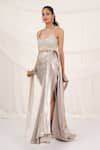 Aurouss_Silver Tulle, Mesh Pearls, Beads Round Neck Liquid Draped Skirt Set _at_Aza_Fashions
