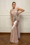 Buy_Isha Regalia_Beige Satin, Net Sequins, Embroidery Asymmetric Top With Draped Skirt _Online_at_Aza_Fashions