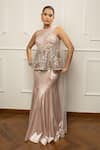 Buy_Isha Regalia_Beige Satin, Net Sequins, Embroidery Asymmetric Top With Draped Skirt _at_Aza_Fashions