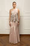 Isha Regalia_Beige Satin, Net Sequins, Embroidery Asymmetric Top With Draped Skirt _at_Aza_Fashions