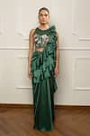 Buy_Isha Regalia_Green Satin, Net Sequins, Embroidery Round Neck Bottle Drape Saree Set _at_Aza_Fashions