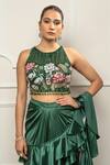 Shop_Isha Regalia_Green Satin, Net Sequins, Embroidery Round Neck Bottle Drape Saree Set _Online_at_Aza_Fashions