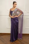 Isha Regalia_Purple Satin, Net Embroidery Sweetheart Neck Deep Drape Saree Set _Online_at_Aza_Fashions
