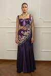 Isha Regalia_Purple Satin, Net Embroidery, Sequins Sweetheart Neck Designer Drape Saree Set _Online_at_Aza_Fashions
