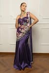 Buy_Isha Regalia_Purple Satin, Net Embroidery, Sequins Sweetheart Neck Designer Drape Saree Set _at_Aza_Fashions
