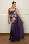 Buy_Isha Regalia_Purple Satin, Net Embroidery, Sequins Sweetheart Neck Designer Drape Saree Set _Online_at_Aza_Fashions
