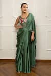 Buy_Isha Regalia_Green Satin, Net Embroidery Scoop Neck Drape Saree Set _at_Aza_Fashions