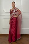 Isha Regalia_Maroon Satin, Net Embroidery Sweetheart Neck Designer Drape Saree Set _Online_at_Aza_Fashions