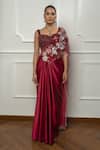 Buy_Isha Regalia_Maroon Satin, Net Embroidery Sweetheart Neck Designer Drape Saree Set _at_Aza_Fashions