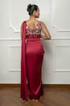Shop_Isha Regalia_Maroon Satin, Net Embroidery V-neck Drape Saree Set _at_Aza_Fashions