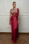 Isha Regalia_Maroon Satin, Net Embroidery V-neck Drape Saree Set _Online_at_Aza_Fashions