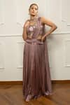 Buy_Isha Regalia_Mauve Satin, Net Embroidery Halter Neck Taupe Pleated Skirt Set _at_Aza_Fashions