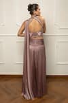 Shop_Isha Regalia_Mauve Satin, Net Embroidery Halter Neck Taupe Pleated Skirt Set _at_Aza_Fashions