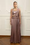 Isha Regalia_Mauve Satin, Net Embroidery Halter Neck Taupe Pleated Skirt Set _Online_at_Aza_Fashions