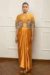 Isha Regalia_Yellow Satin, Net Embroidery, Beads Round , Open Mustard Cape Set _Online_at_Aza_Fashions