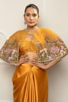 Isha Regalia_Yellow Satin, Net Embroidery, Beads Round , Open Mustard Cape Set _at_Aza_Fashions