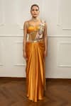 Shop_Isha Regalia_Yellow Satin, Net Embroidery V-neck Mustard Drape Saree Set With Bodysuit _at_Aza_Fashions