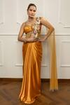 Buy_Isha Regalia_Yellow Satin, Net Embroidery V-neck Mustard Drape Saree Set With Bodysuit _at_Aza_Fashions