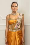 Isha Regalia_Yellow Satin, Net Embroidery V-neck Mustard Drape Saree Set With Bodysuit _Online_at_Aza_Fashions