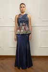 Isha Regalia_Navy Satin, Net Embroidery Round Neck Blue Hand Saree Set _Online_at_Aza_Fashions