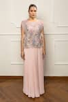 Shop_Isha Regalia_Pink Satin, Net Embroidery Round Neck Hand Top And Pleated Skirt _Online_at_Aza_Fashions
