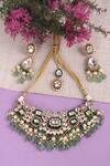 Shop_Queens Jewels_Green Stones, Beads Emerald Royale Bridal Kundan Set _at_Aza_Fashions