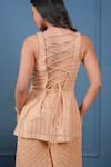 Buy_Taro_Peach Cotton, Lurex Zari Square Neck Beige Golden Kurta Set _Online_at_Aza_Fashions