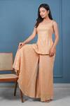 Buy_Taro_Peach Cotton, Lurex Zari Square Neck Beige Golden Kurta Set _at_Aza_Fashions