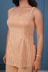 Shop_Taro_Peach Cotton, Lurex Zari Square Neck Beige Golden Kurta Set _Online_at_Aza_Fashions